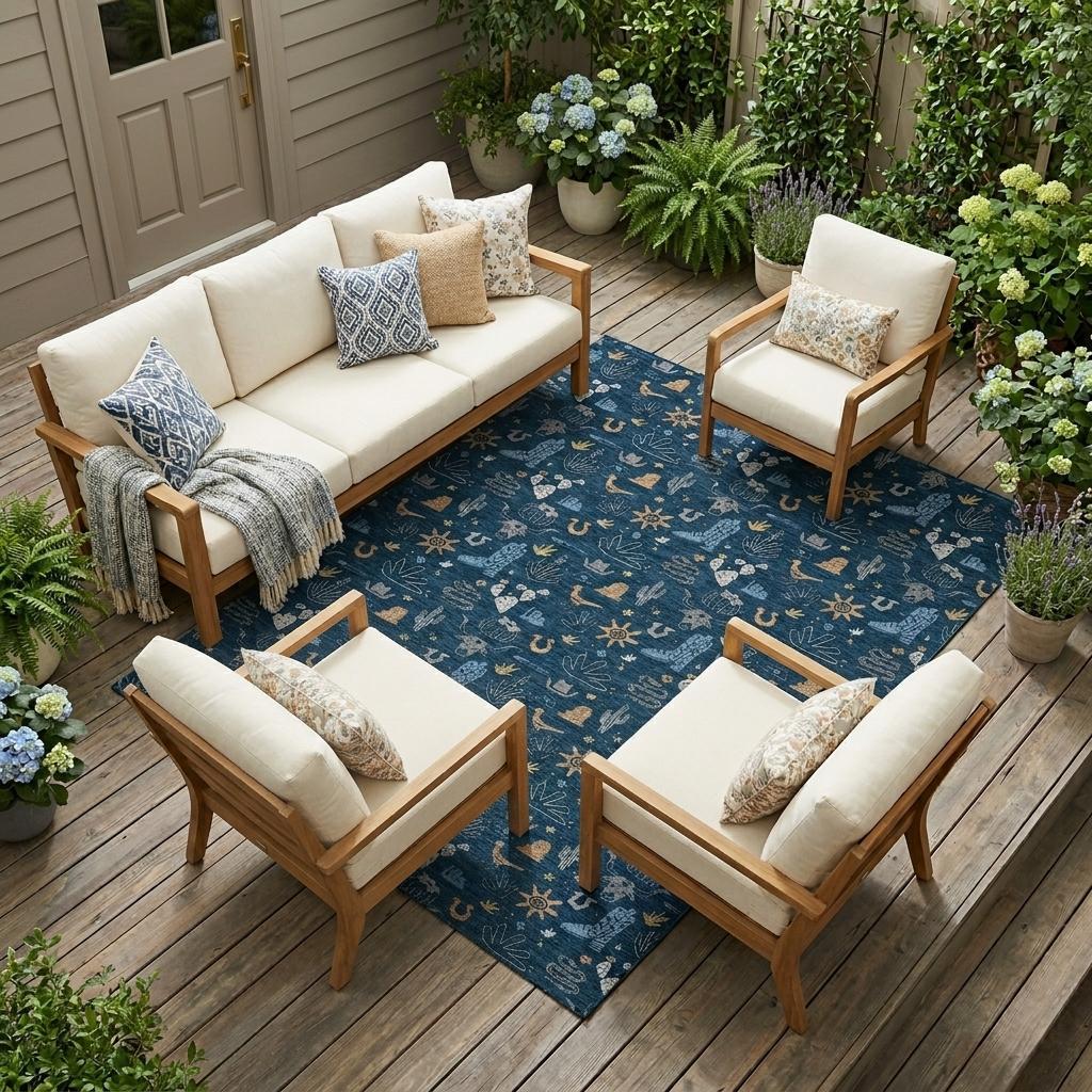 8' X 10' Navy Blue And Denim Blue Cactus Washable Indoor Outdoor Area Rug - Sports & Outdoor