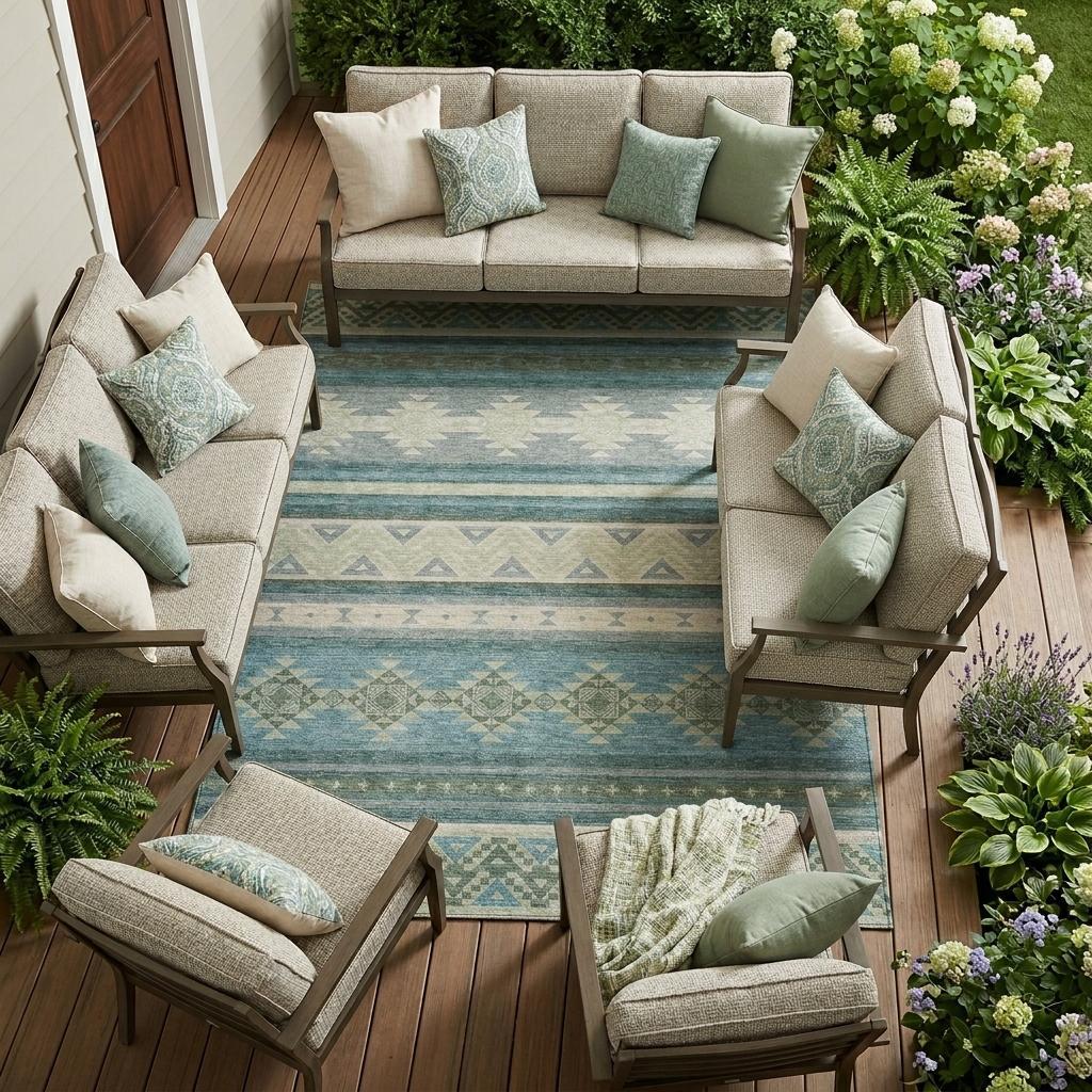 8' X 10' Teal Blue And Beige Southwestern Washable Indoor Outdoor Area Rug - Sports & Outdoor