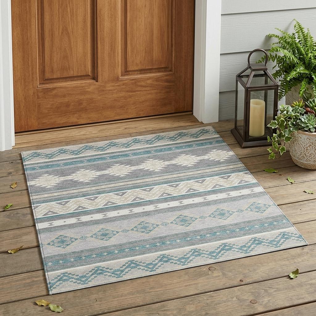 3' X 5' Silver And Teal Blue Southwestern Washable Indoor Outdoor Area Rug - Sports & Outdoor