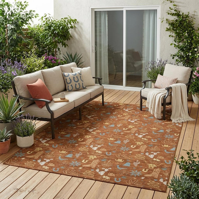 Orange and copper area rug on patio floor with cactus and desert icon print