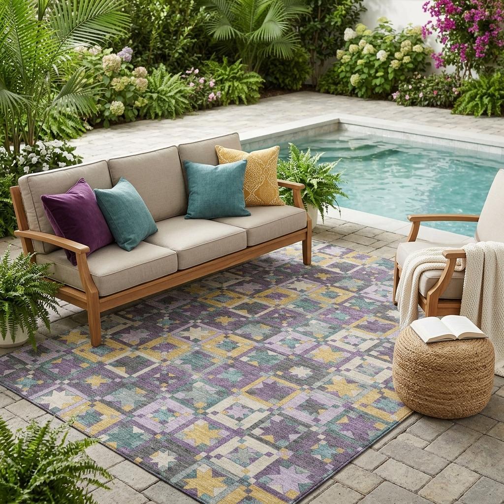 5' X 8' Purple And Teal Blue Patchwork Washable Indoor Outdoor Area Rug - Sports & Outdoor