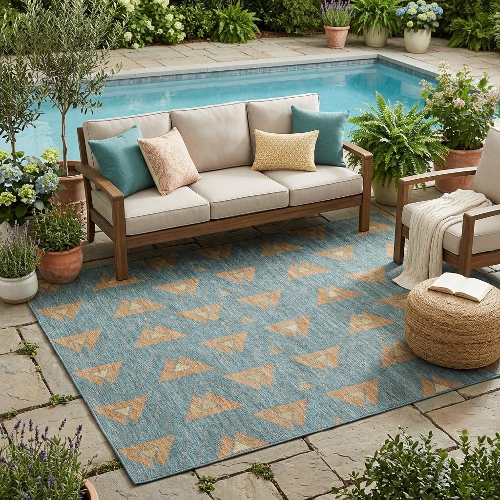 5' X 8' Teal Blue And Copper Geometric Washable Indoor Outdoor Area Rug - Outdoor | blocked-missing-media,…