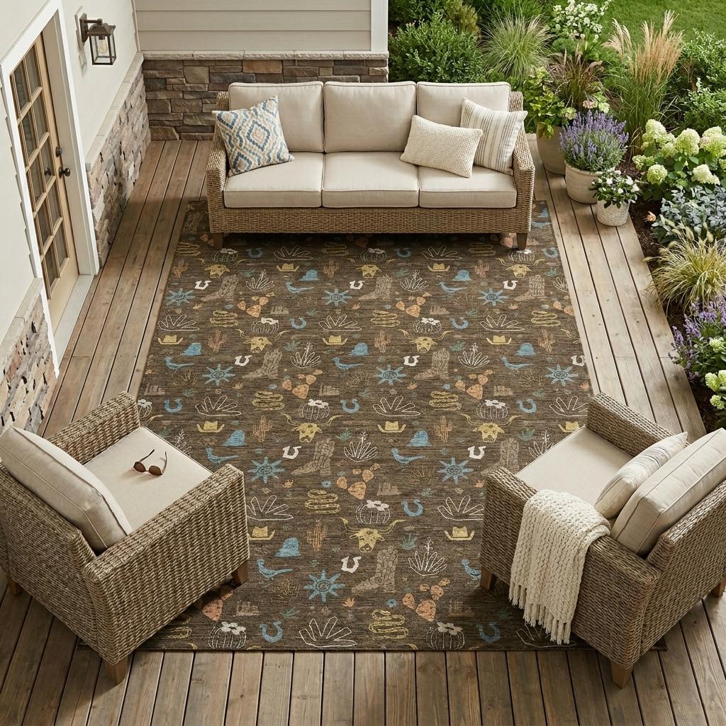 Indoor outdoor area rug with brown base and teal-tan desert icon pattern, including cactus