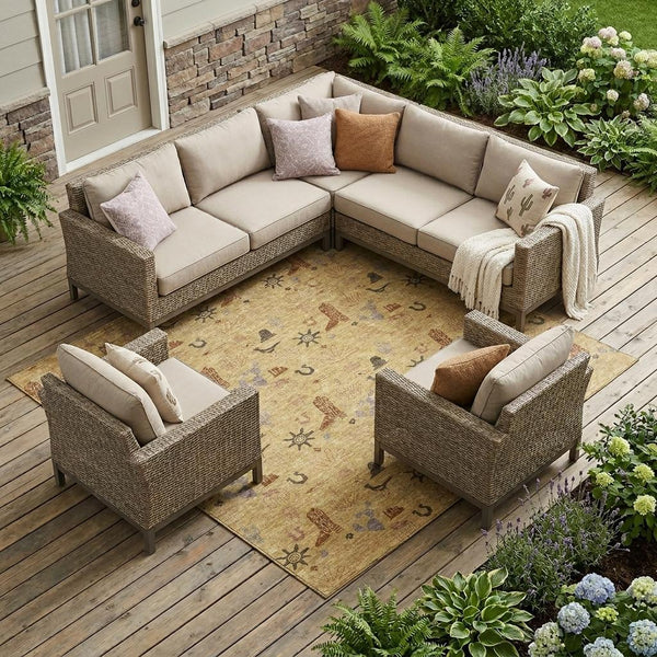 Rectangular area rug with tan base and multicolor desert pattern, distressed wash look