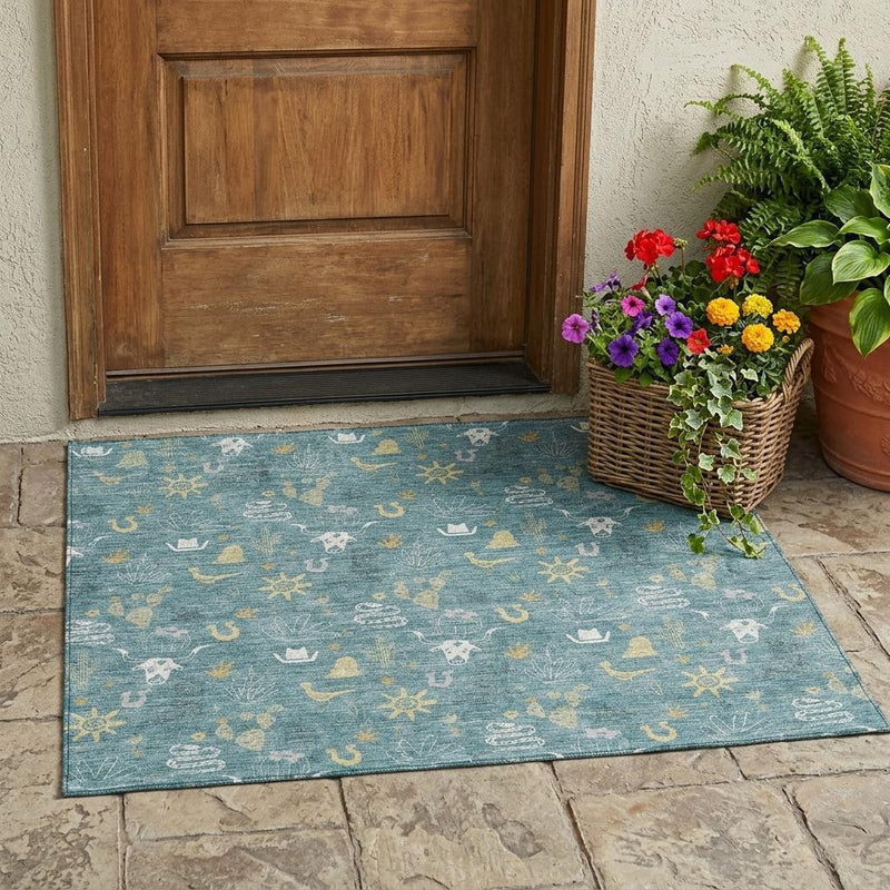 Teal blue area rug on stone patio with cactus wash motif and desert icons