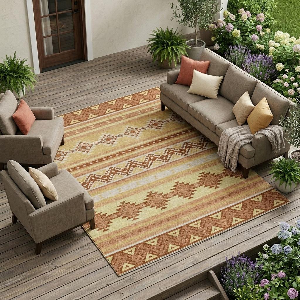 10' X 14' Gold And Copper Southwestern Washable Indoor Outdoor Area Rug - Outdoor | blocked-missing-media,…