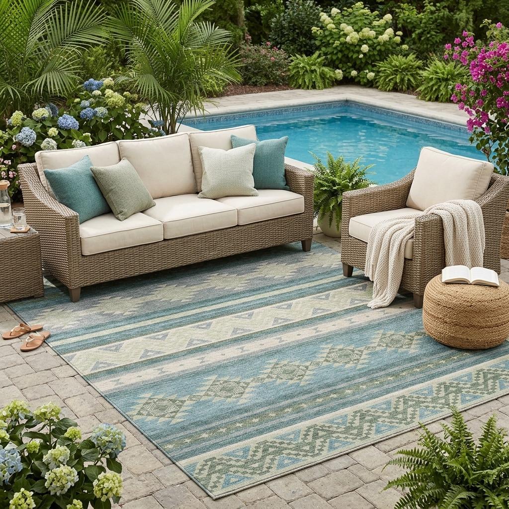 5' X 8' Teal Blue And Beige Southwestern Washable Indoor Outdoor Area Rug - Sports & Outdoor