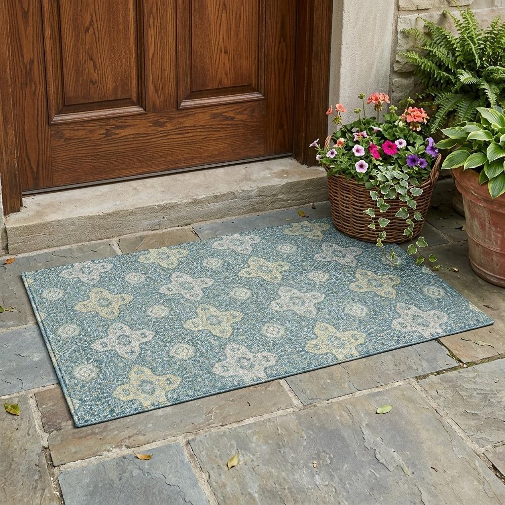 3' X 5' Teal Blue And Silver Damask Washable Indoor Outdoor Area Rug - Sports & Outdoor