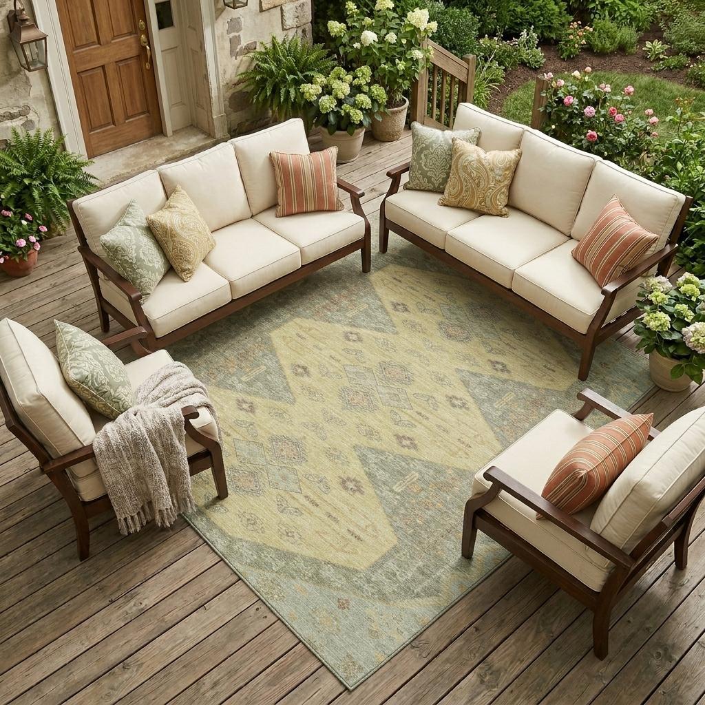 8' X 10' Sage And Wheat Geometric Washable Indoor Outdoor Area Rug - Sports & Outdoor