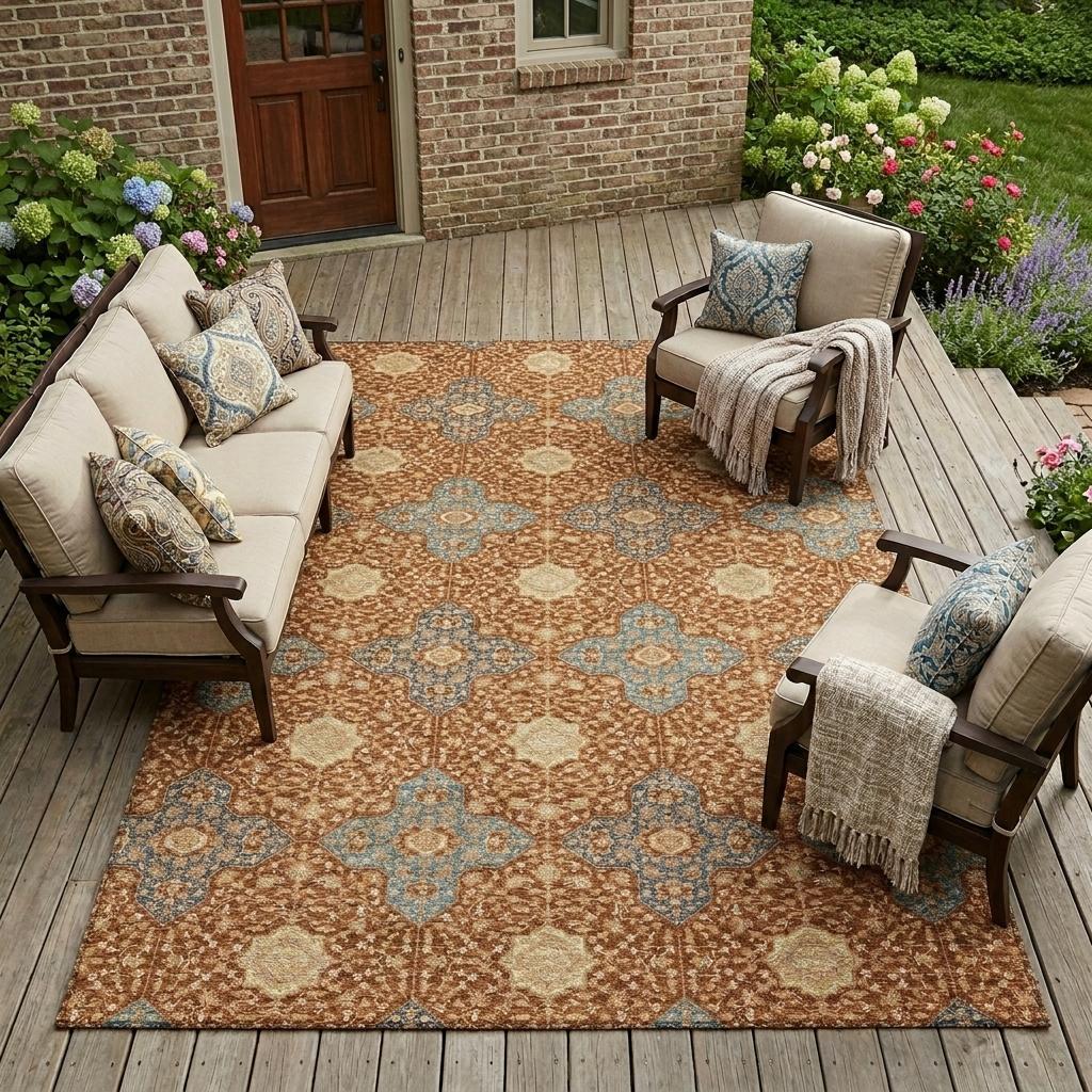 8' X 10' Orange And Teal Blue Damask Washable Indoor Outdoor Area Rug - Sports & Outdoor
