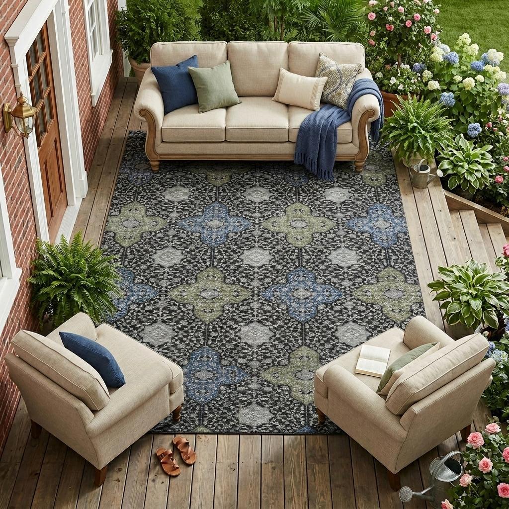 8' X 10' Black And Olive Green Damask Washable Indoor Outdoor Area Rug - Sports & Outdoor