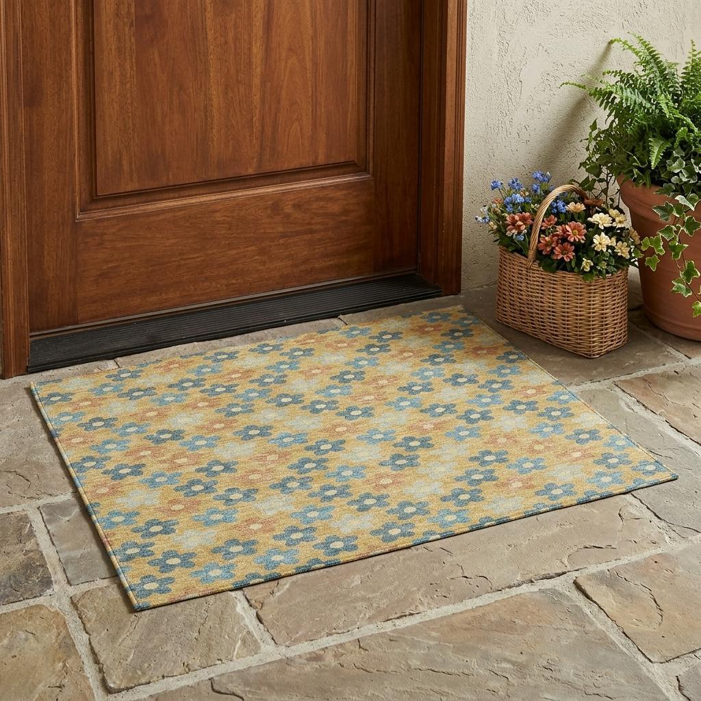 3' X 5' Gold And Copper Floral Washable Indoor Outdoor Area Rug - Sports & Outdoor