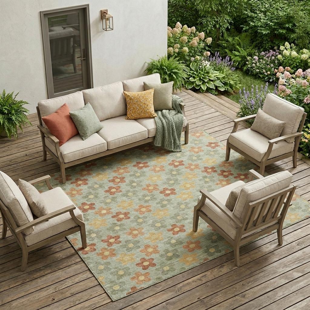 10' X 14' Green And Orange Floral Washable Indoor Outdoor Area Rug - Sports & Outdoor