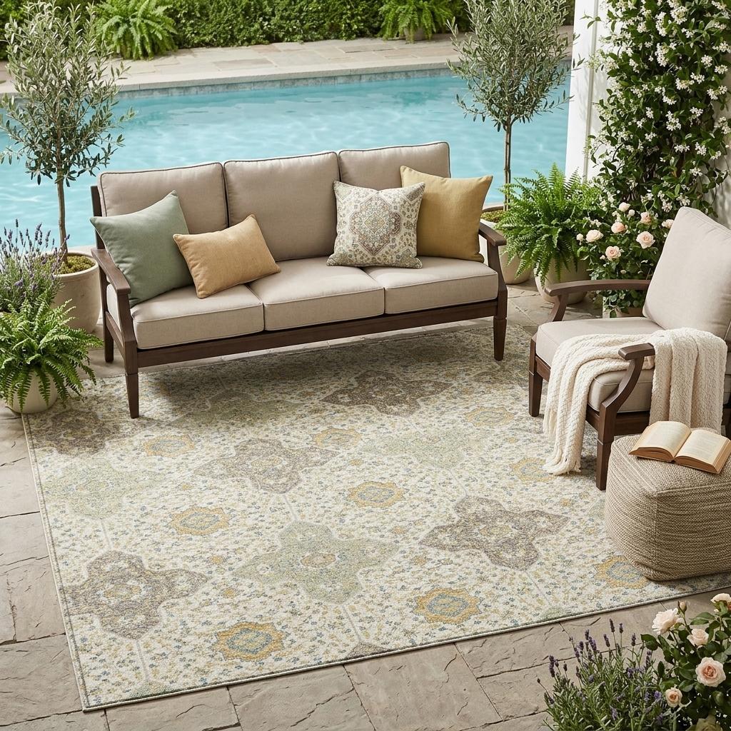 5' X 8' Ivory And Brown Damask Washable Indoor Outdoor Area Rug - Sports & Outdoor
