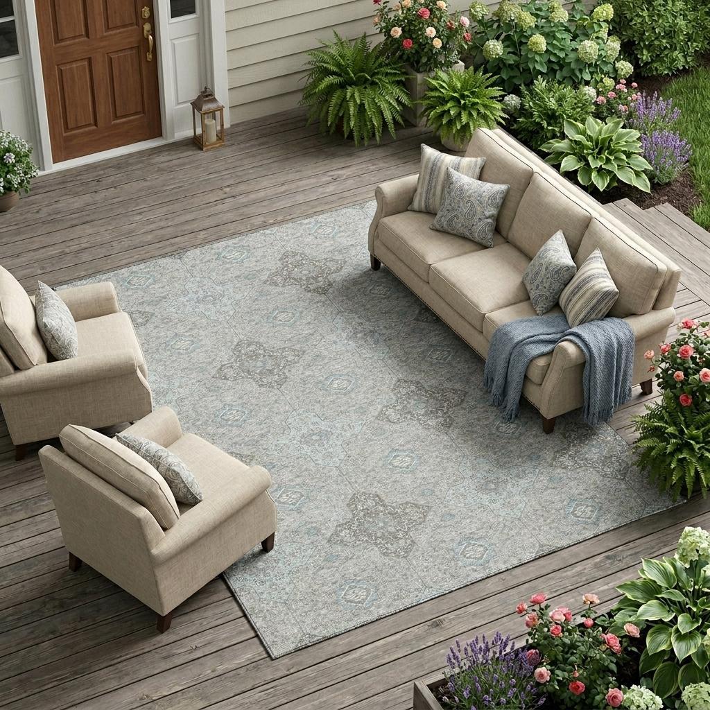 8' X 10' Silver And Brown Damask Washable Indoor Outdoor Area Rug - Sports & Outdoor