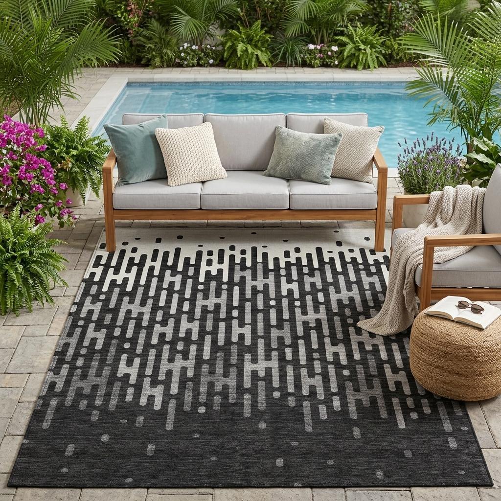 5' X 8' Black And Granite Gray Abstract Washable Indoor Outdoor Area Rug - Sports & Outdoor
