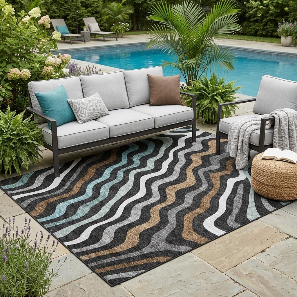 5' X 8' Black And Chocolate Abstract Washable Indoor Outdoor Area Rug - Sports & Outdoor