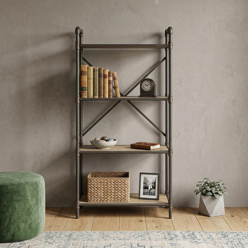 49" Gray Brown Metal Four Tier Etagere Bookcase - Office