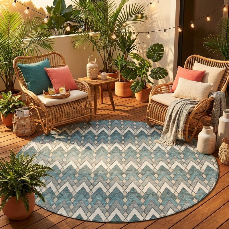 Circular teal blue and ivory zigzag area rug on a patio floor among outdoor decor.