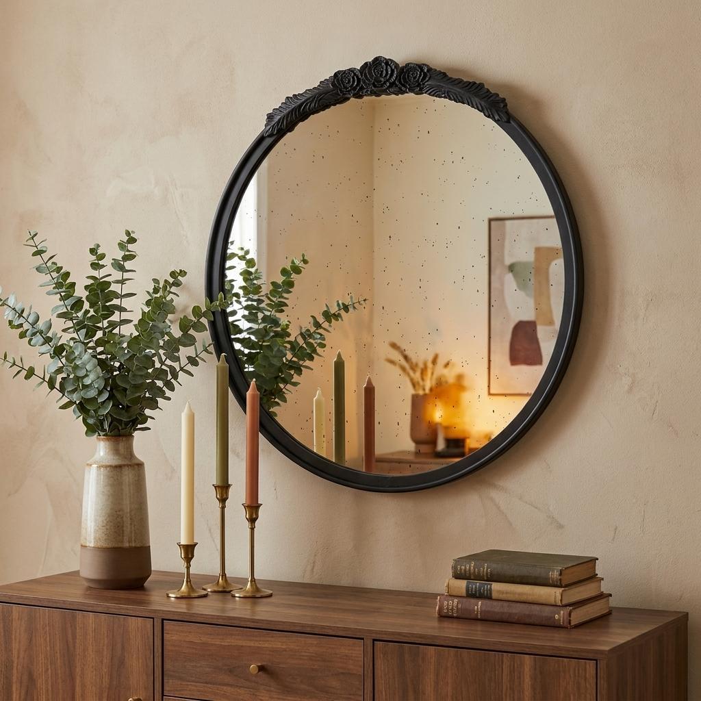 30" Black Crowned Top Antiqued Glass Round Framed Accent Mirror - Bed & Bath