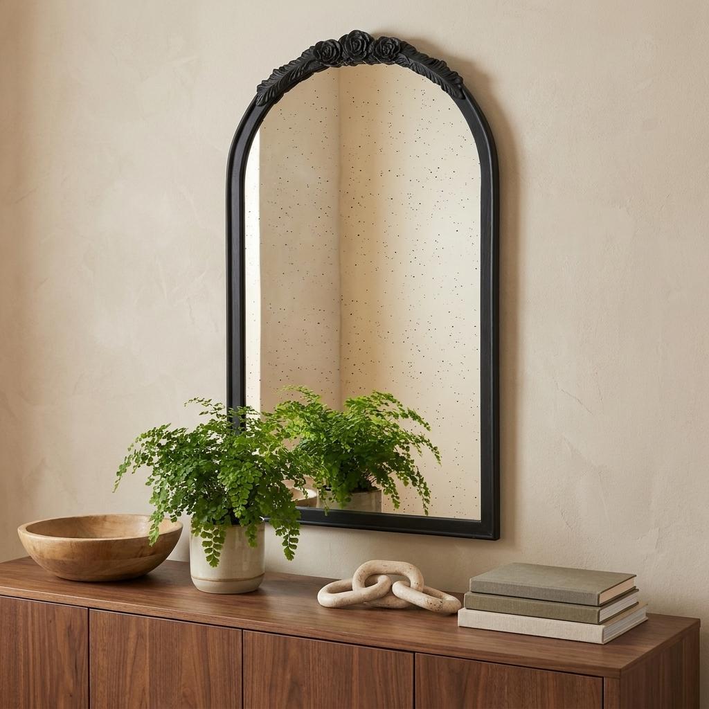 42" Black Crowned Top Antiqued Glass Arch Framed Accent Mirror - Bed & Bath