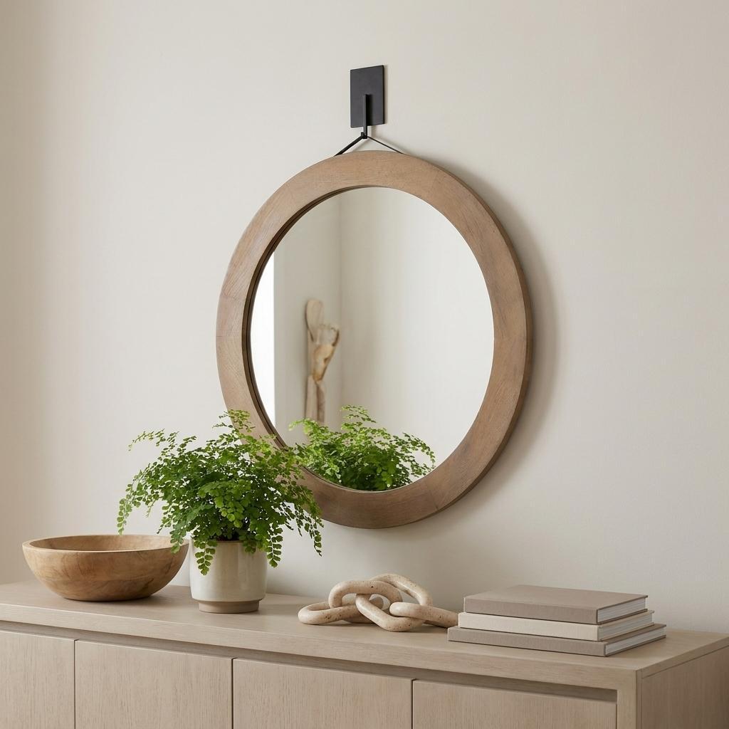 44" Brown Round Wood Framed Rope Hanging Accent Mirror - Bed & Bath