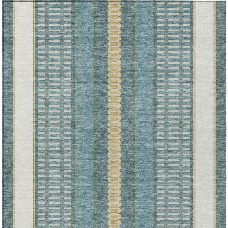 Teal blue and gold striped indoor outdoor area rug with cream border and center band