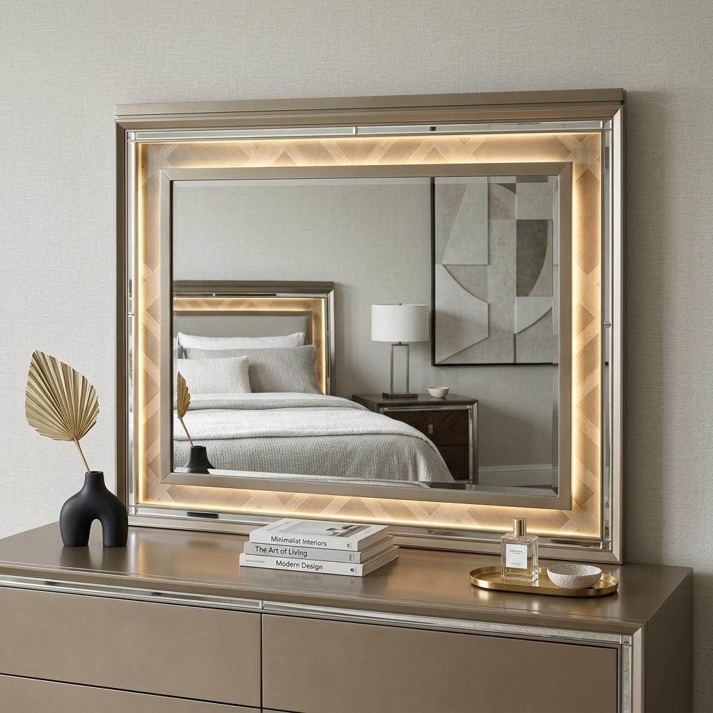 37" Champagne Lighted Wood Framed Mounted Dresser Mirror - Bed & Bath