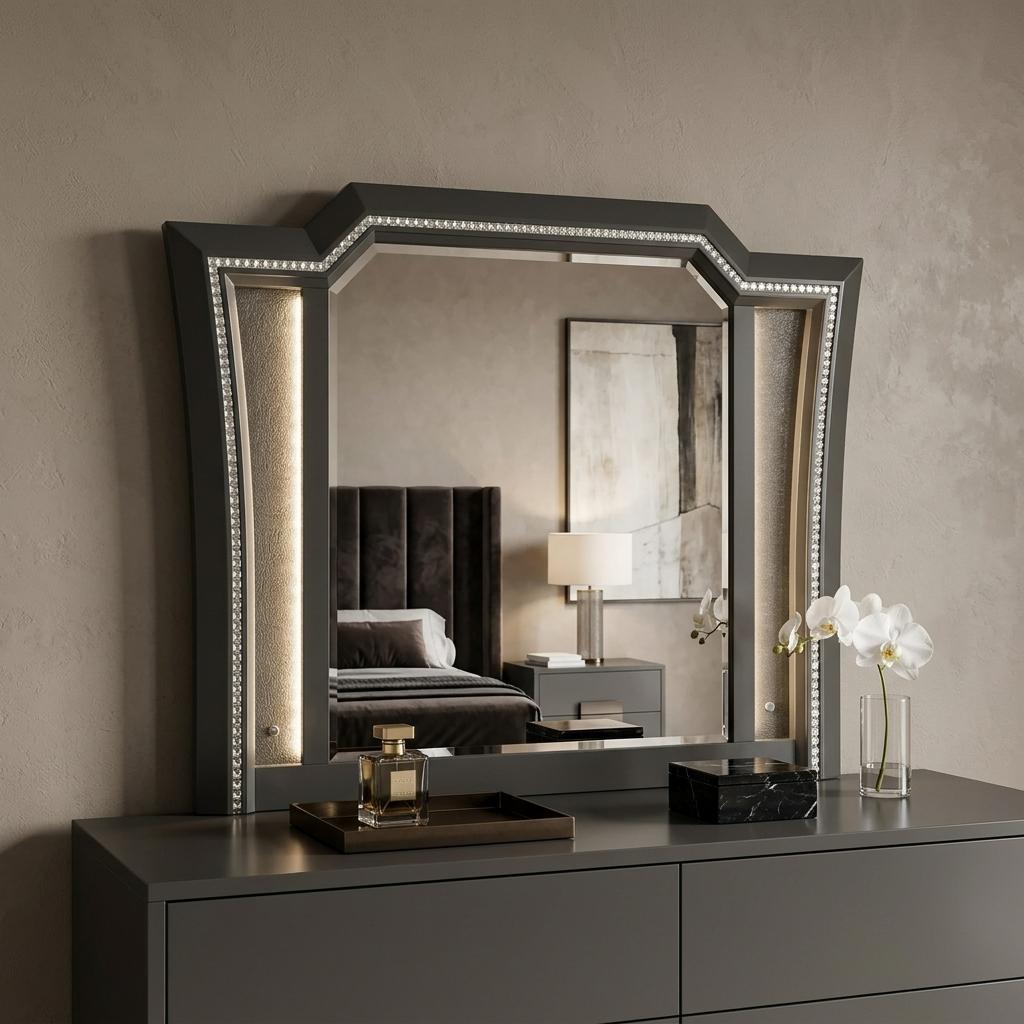 38" Gunmetal Lighted Abstract Wood Framed Mounted Dresser Mirror - Bed & Bath