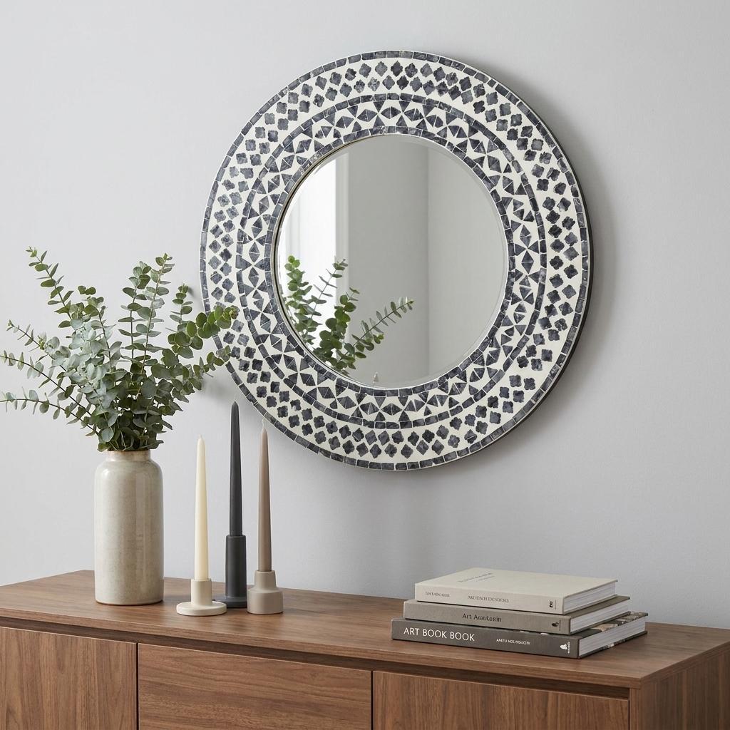 24" Black And White Round Wood And Shell Framed Accent Mirror - Bed & Bath