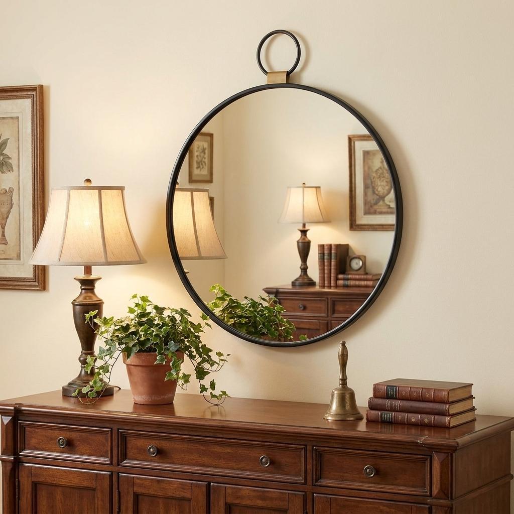 23" Black Round Metal Framed Accent Mirror - Bed & Bath