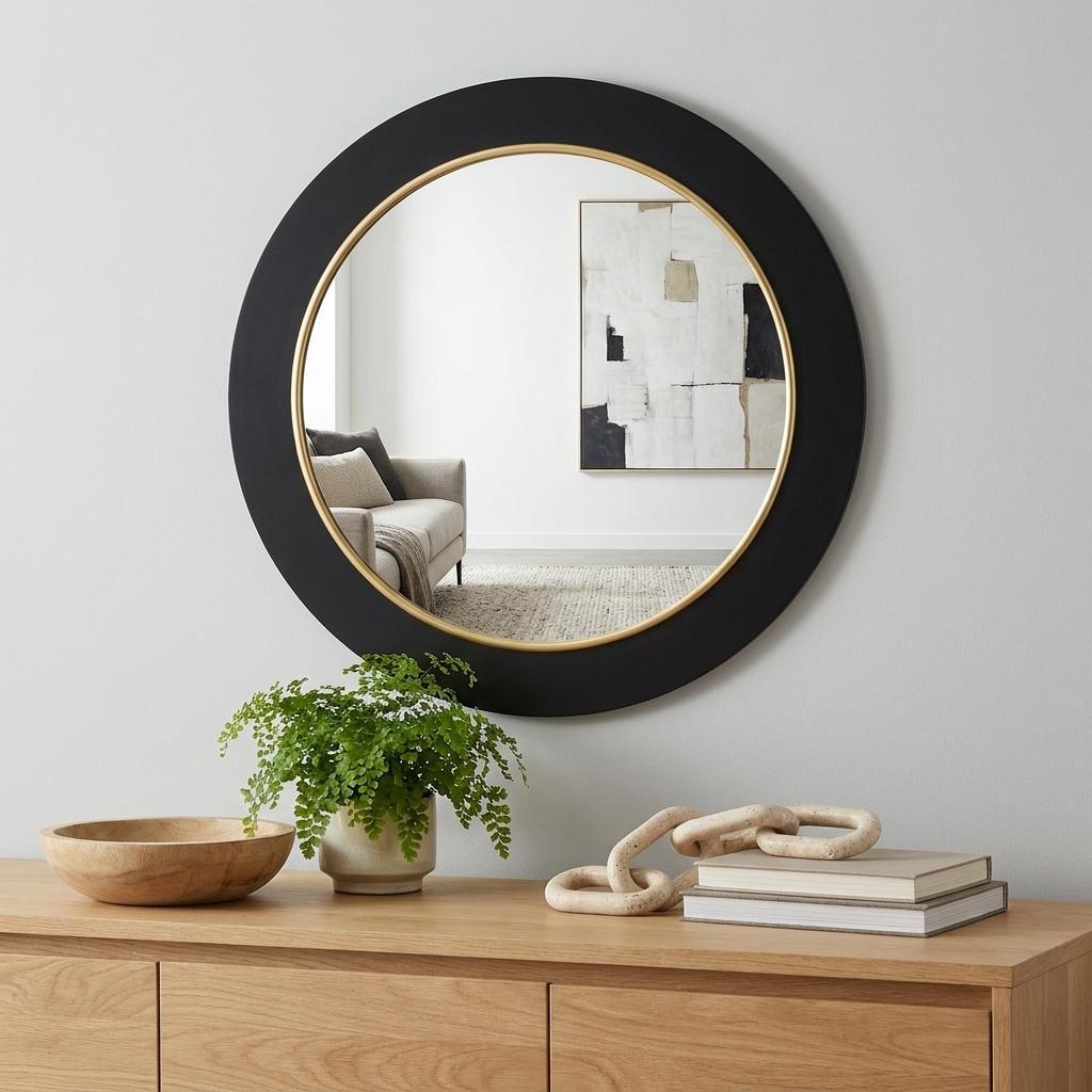 32" Black And Gold Lighted Round Metal Framed Accent Mirror - Bed & Bath