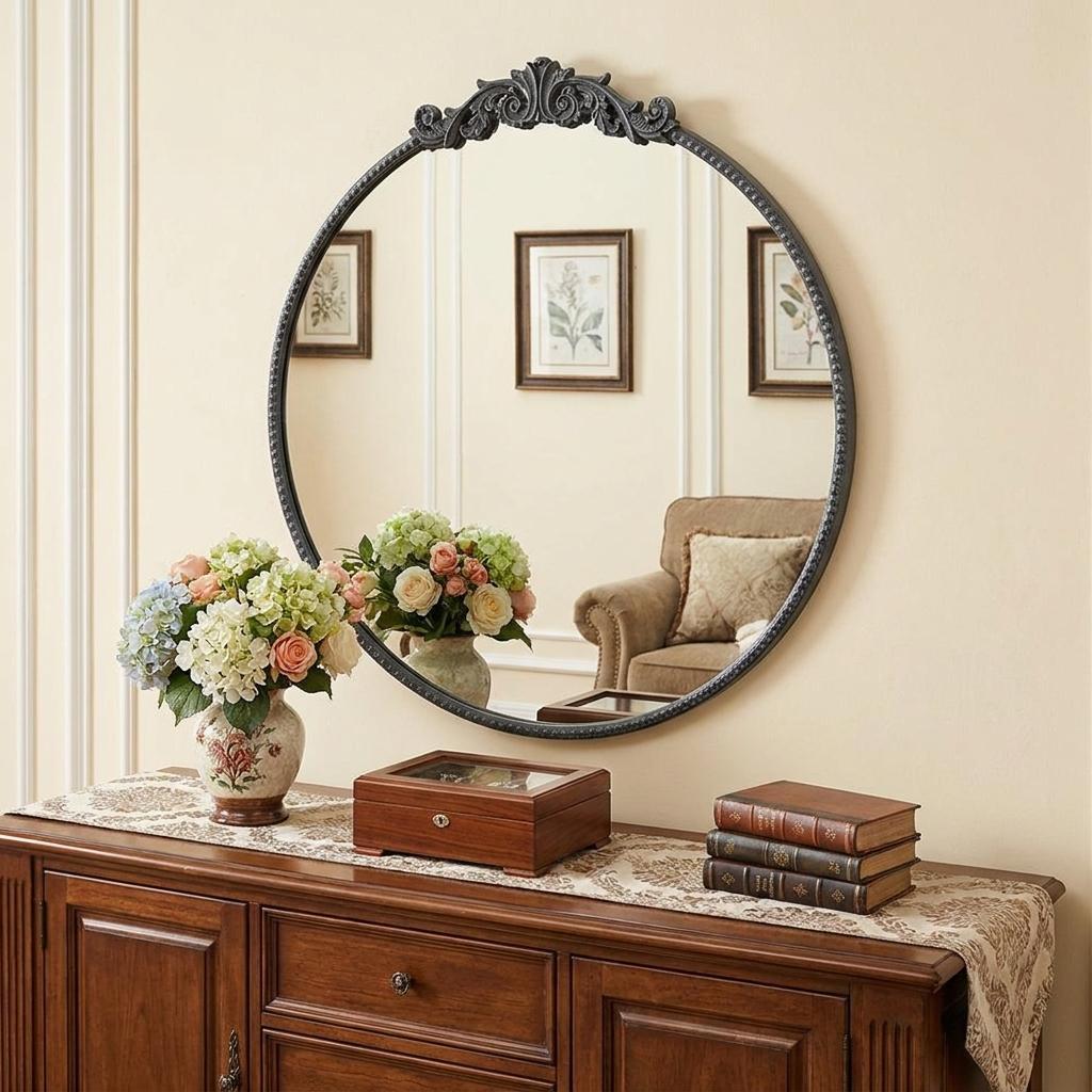 32" Black Crowned Top Iron Framed Accent Mirror - Bed & Bath