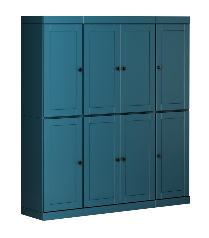 Teal blue storage cabinet with multiple door panels and black knobs, flat top
