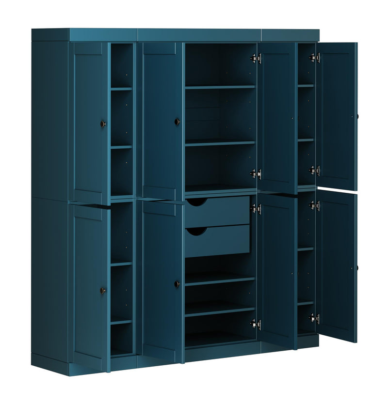 Teal blue storage cabinet with open shelves and a central pull-out drawer