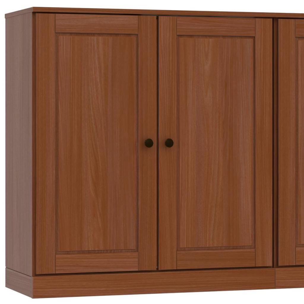 Brown solid wood sideboard with two center doors and round black knobs