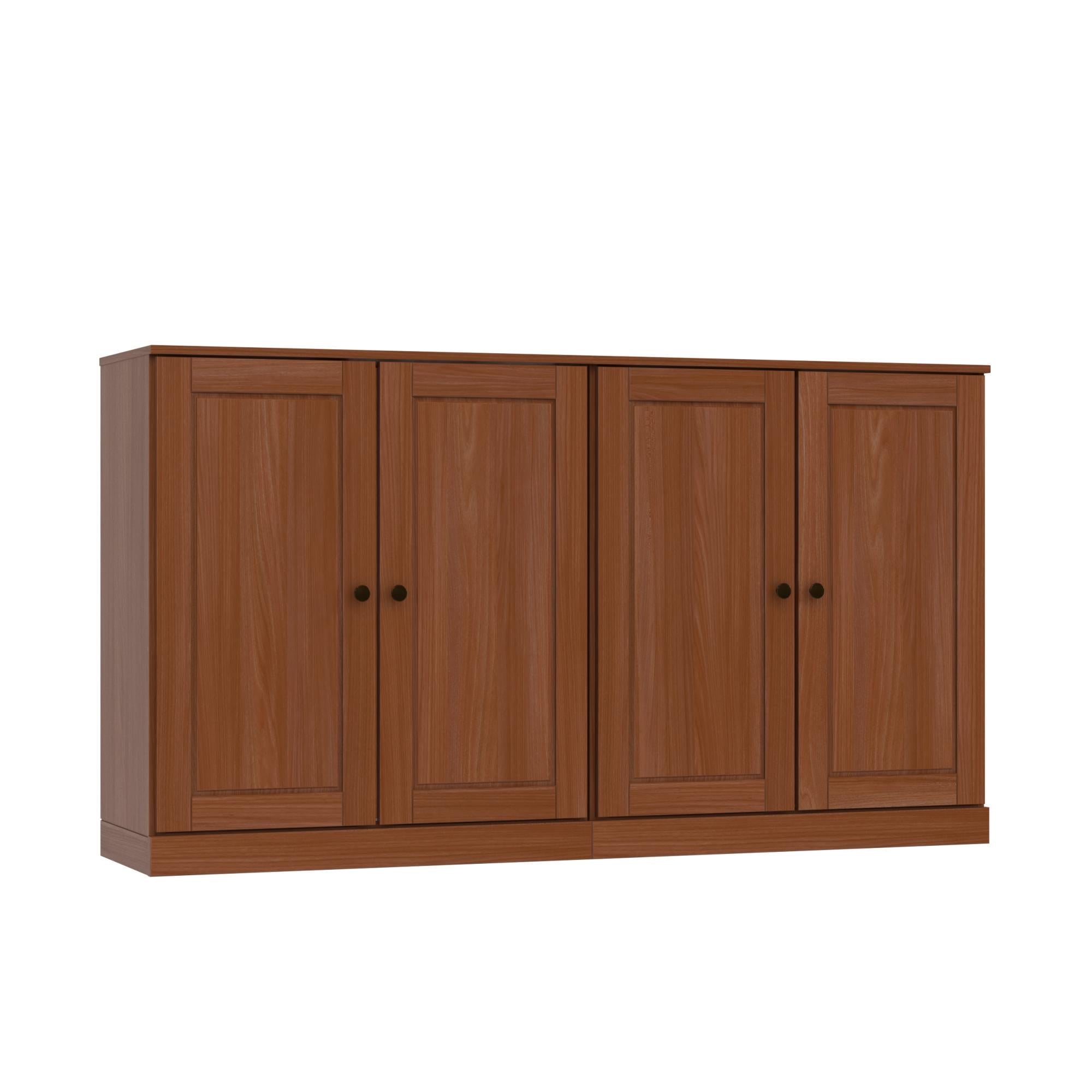 Brown solid wood sideboard with four framed door panels and round black knobs