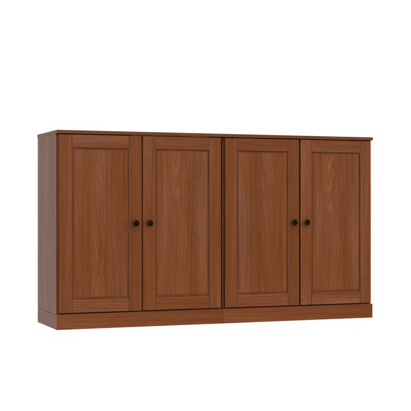Brown solid wood sideboard with four framed door panels and round black knobs