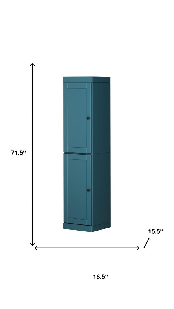 Teal blue wooden pantry cabinet with two doors and panel detailing