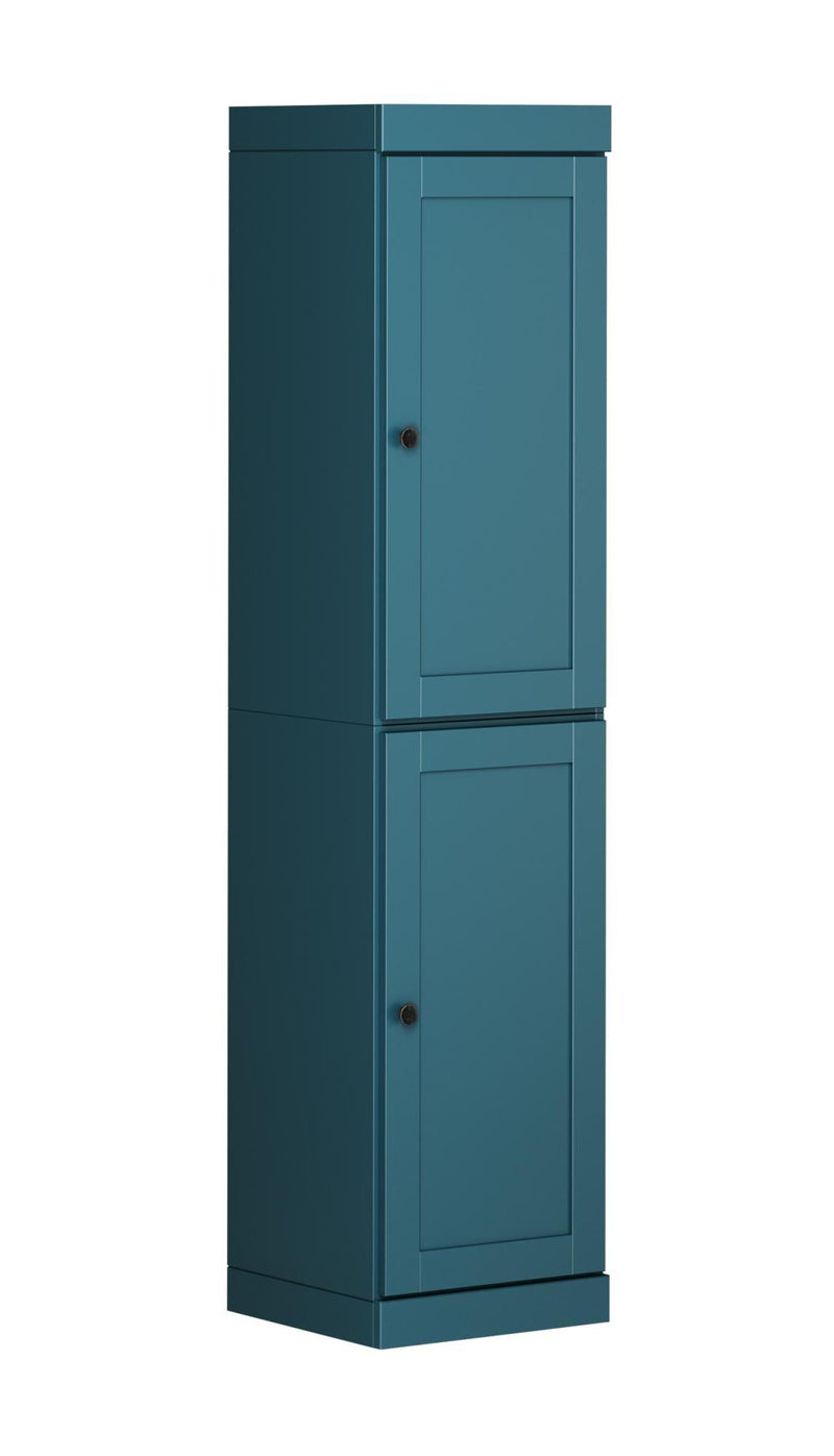 Teal blue wooden pantry cabinet with two stacked doors and black knobs
