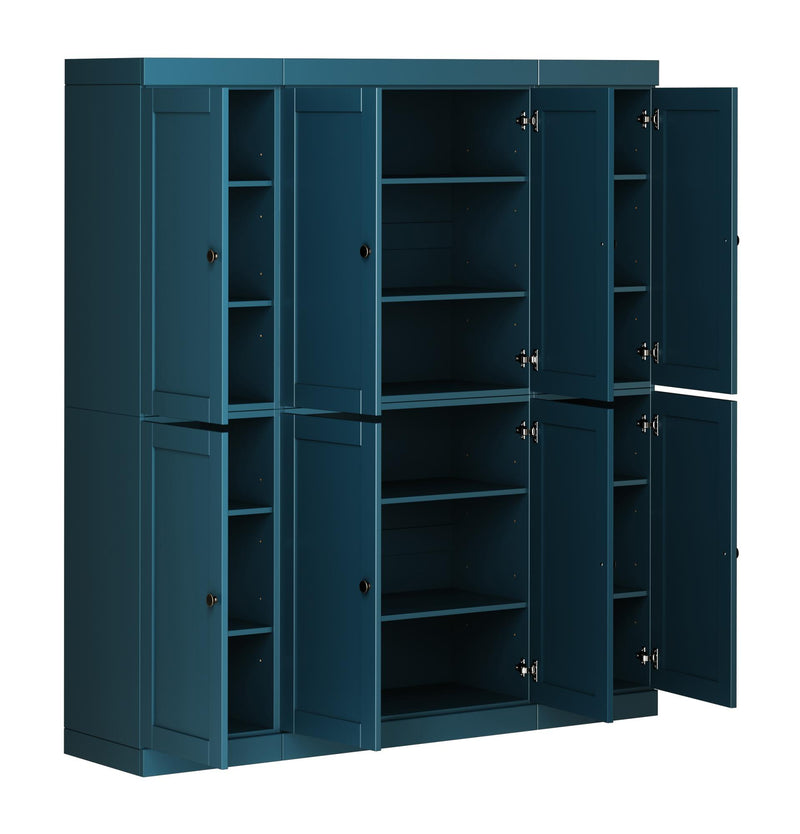 Teal blue pantry cabinet with open shelving and hinged doors, solid wood