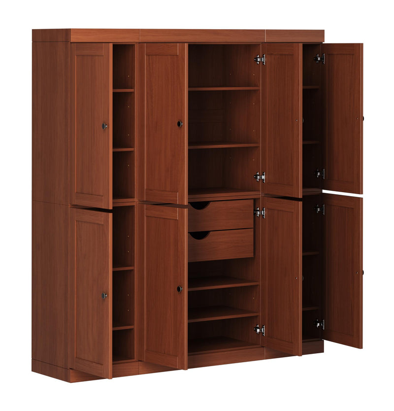 Brown wood pantry cabinet with open doors showing shelves and a pull-out drawer