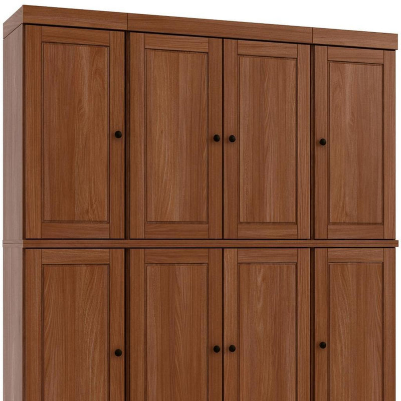 Dark brown solid wood cabinet front with 8 raised doors and round knobs.