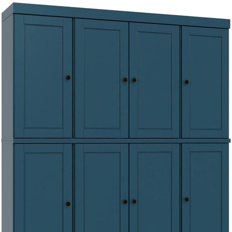 Teal blue pantry cabinet, front view with 8 hinged doors and round black knobs