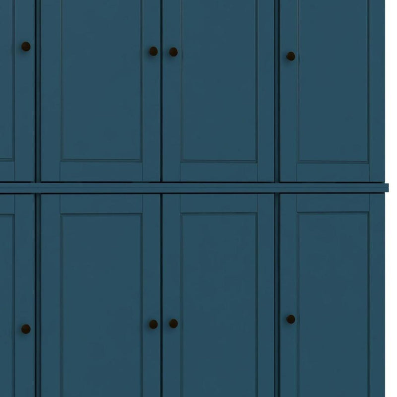 Teal blue cabinet doors with panel design and black round knobs