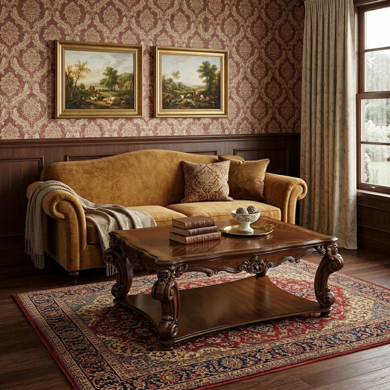 Brown wood coffee table with scroll-carved apron, curved legs, and lower shelf