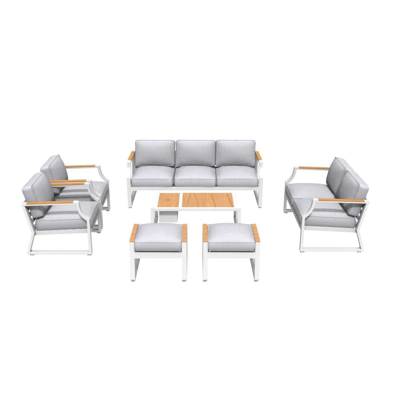 Seven-piece outdoor seating group with gray cushions, white frames, and wood tabletop