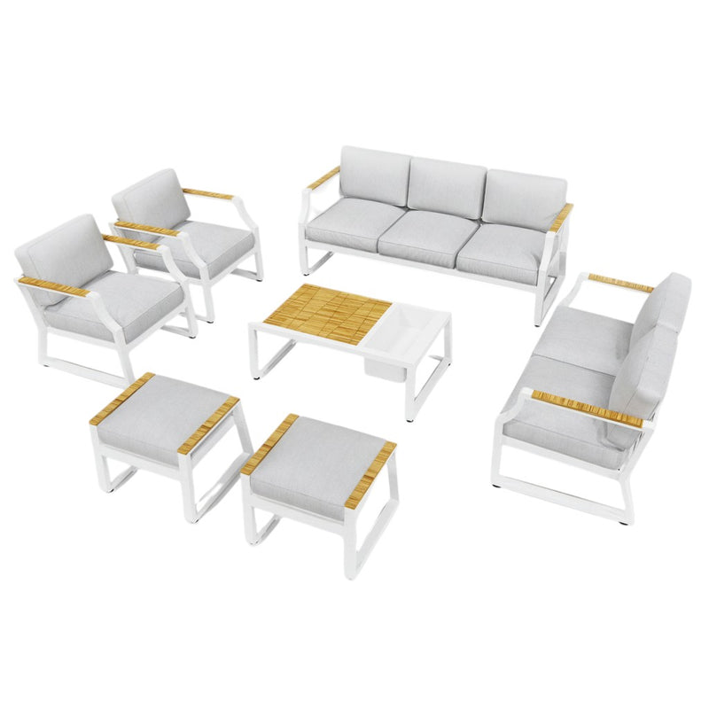 Patio sofa and chairs set with gray cushions, white metal, and square wood table