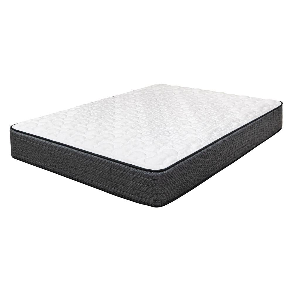 Comfortable white quilted mattress with a dark gray fabric base, ideal for restful sleep and modern bedroom décor.
