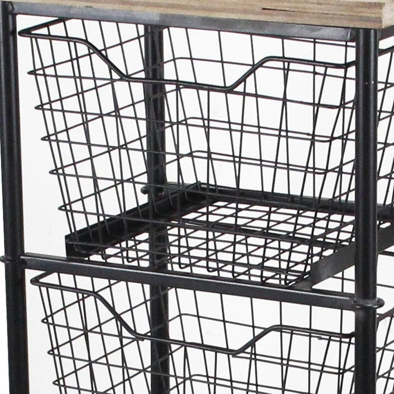 41" Black And Natural Metal And Wood Basket Storage Rolling Cabinet - Kitchen & Dining